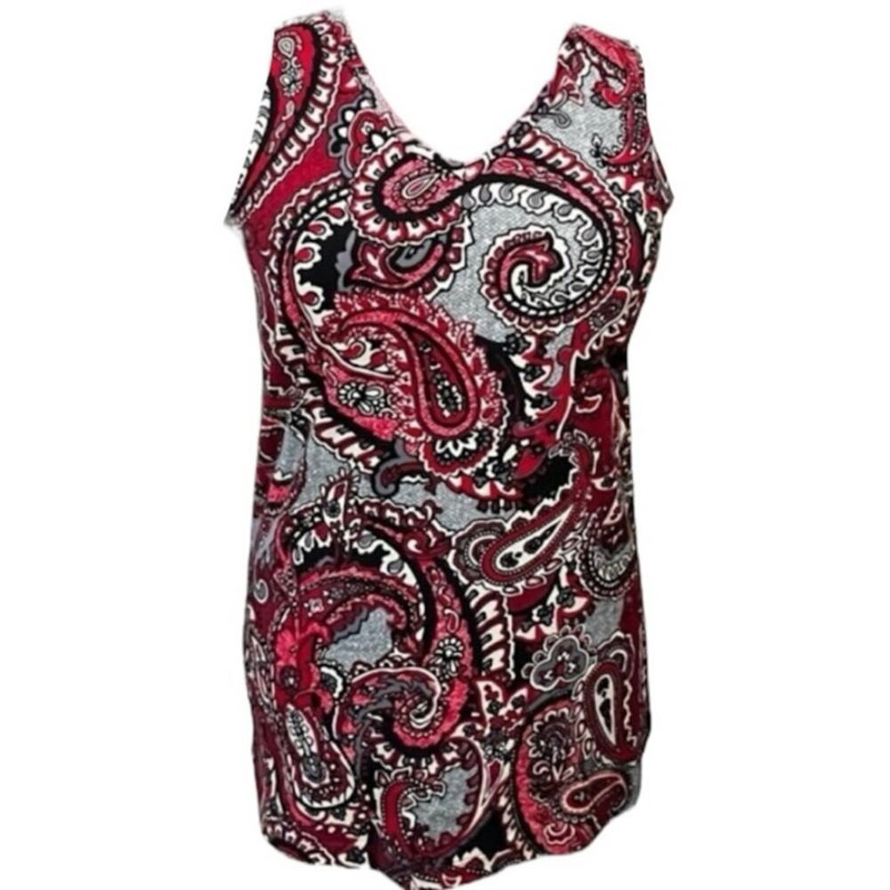 NEW Denim & Co Red Black Paisley Print Sleeveless Vneck Stretch Tank Top XXS/XS!